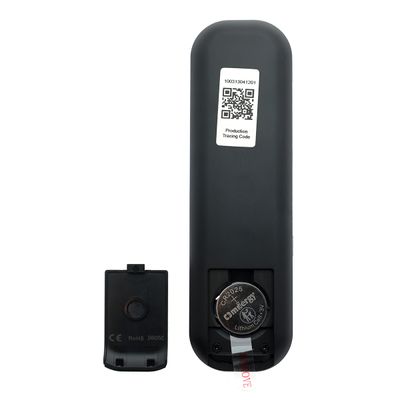 Telecomando nero con vano batteria aperto che rivela una batteria CR2025, adatto al controllo dell'illuminazione a LED.