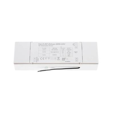 Controller LED dimmerabile RF 30W-24V, controller VaLO-RF con informazioni sul prodotto e filo nero per un controllo efficiente dell'illuminazione.