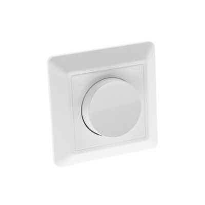 Interruttore dimmer per illuminazione a LED; bianco, quadrato rotondo, montato a parete con sfondo bianco. Ideale per il controllo dell'illuminazione di una casa moderna.