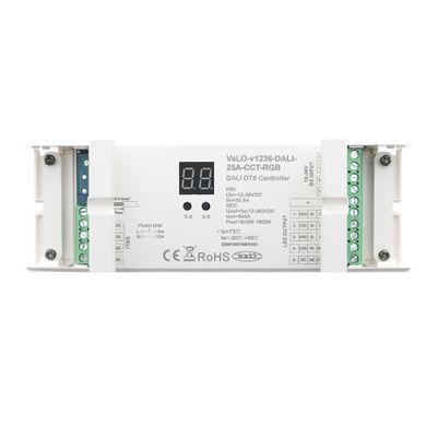 Controllore DALI DT8 con display digitale e porta in custodia bianca con specifiche del sistema di illuminazione a LED.