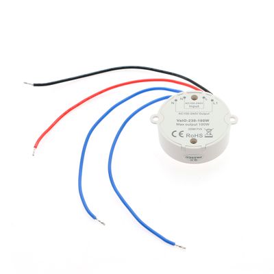 Modulo di illuminazione a LED con fili rossi, neri e blu; marcatura 230V-240V, potenza massima 100W. Certificato ROHS e CE per sicurezza ed efficienza.