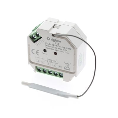 "Modulo di commutazione Zigbee VaLV-230-ZG-250-SW2, bianco con pulsante di reset e connettori a filo, sfondo bianco".