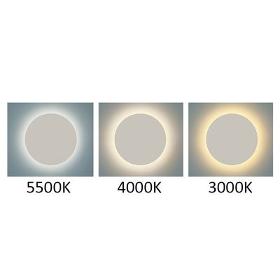 Tre cerchi che rappresentano gli effetti di illuminazione: 5500K bianco freddo, 4000K bianco neutro e 3000K bianco caldo su uno sfondo grigio; confronto tra l'illuminazione a LED.