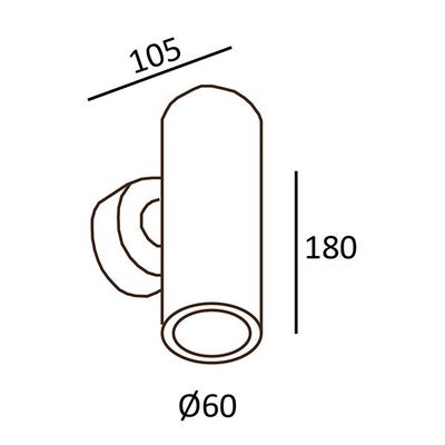 Disegno tecnico di un apparecchio LED cilindrico; dimensioni: lunghezza 180 mm, diametro 60 mm, angolo superiore 105 gradi.