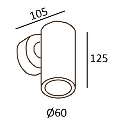 Schema di una lampada LED cilindrica con le seguenti dimensioni: lunghezza 105 mm, altezza 125 mm e diametro 60 mm.
