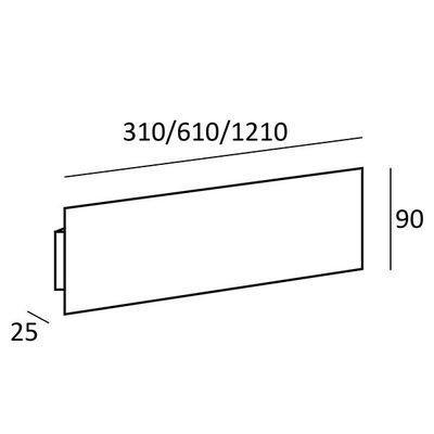 Schema delle dimensioni di un light box LED rettangolare: lunghezza 310, 610, 1210 mm; altezza 90 mm; profondità 25 mm - ideale per soluzioni di illuminazione efficienti.