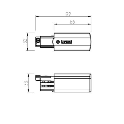 Disegno tecnico del componente elettrico di una lampada a LED, dimensioni 99x32x33 mm. Dettagli marcati con vista laterale per maggiore chiarezza.