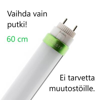 Tubo luminoso a LED con nastro verde, 60 cm. Installazione semplice, senza modifiche. Testo in finlandese: "Basta sostituire il tubo!