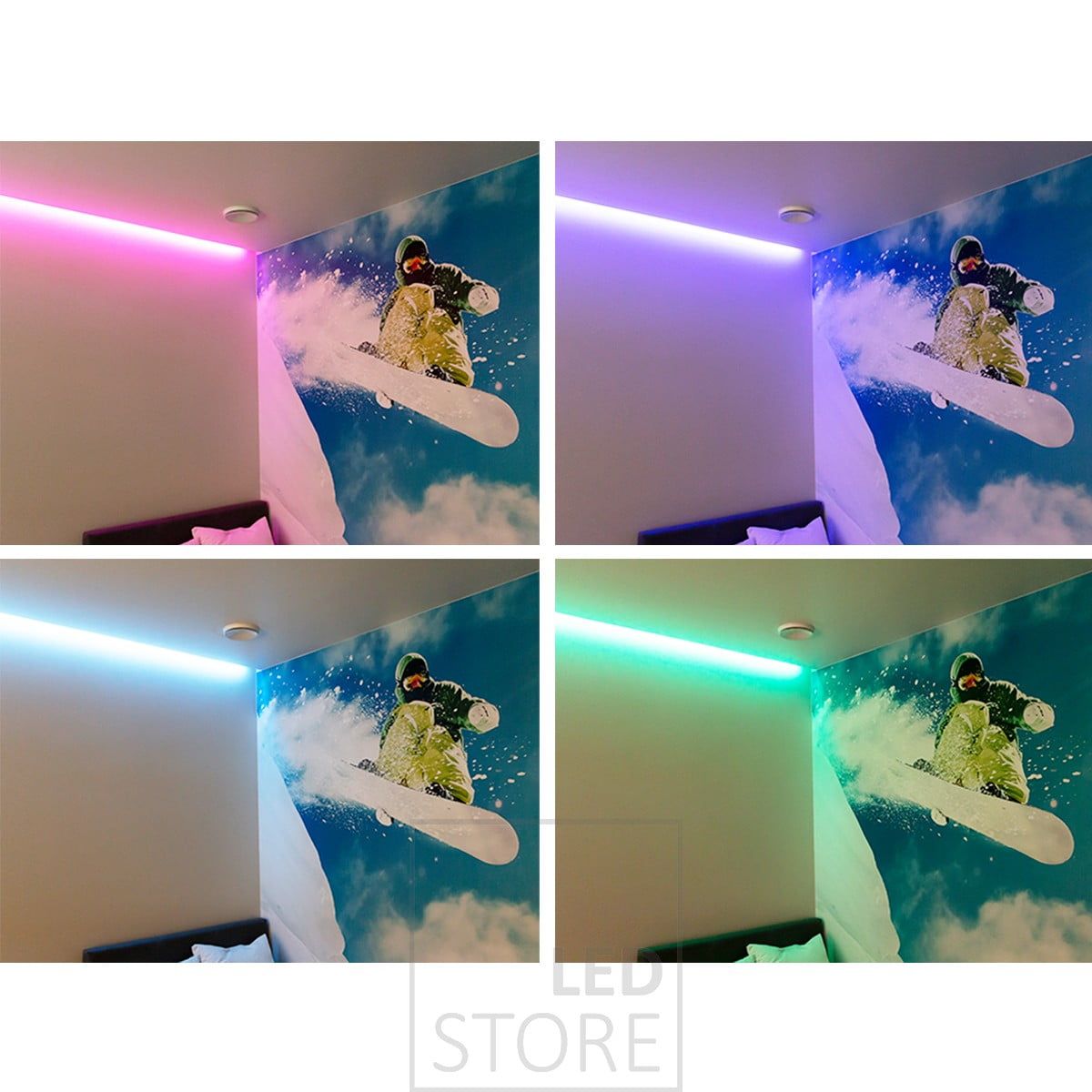 Illuminazione d'atmosfera personalizzabile con striscia led RGB+W, i colori della luce possono essere regolati in modo continuo con controllo via cavo o wireless. Ledstore.fi