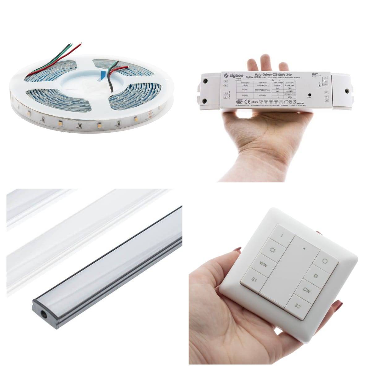 Quattro immagini di apparecchi a led: striscia led a controllo wireless, profilo in alluminio nero rivestito in plastica, trasformatore e controller wireless.