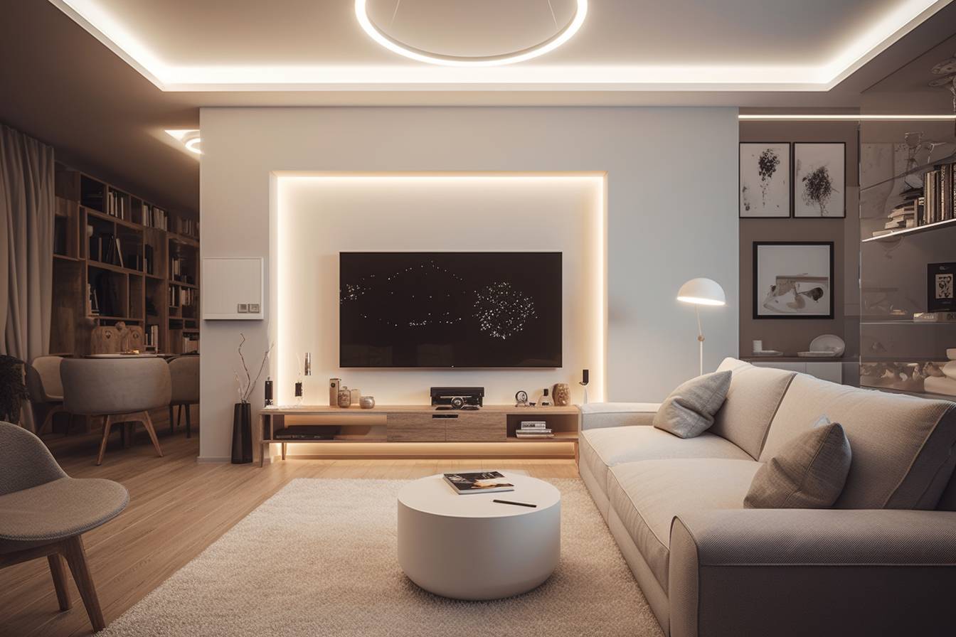 Casa intelligente Soggiorno con luce indiretta sul soffitto