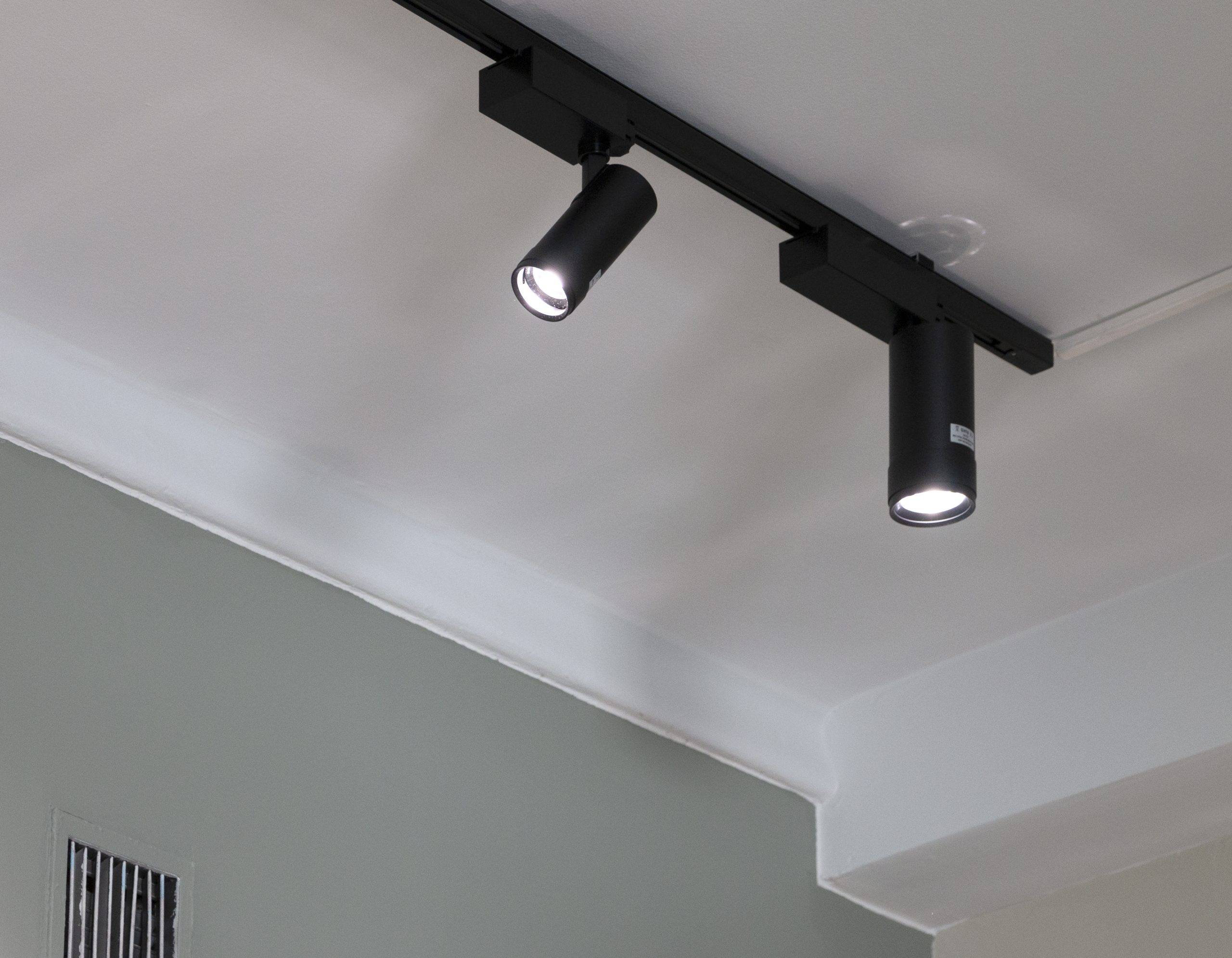 Due punti neri in un soffitto chiaro.  