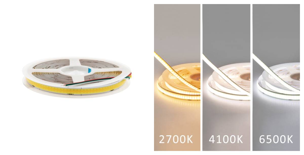 Striscia led COB in tonalità di luce bianca calda, neutra e fredda.