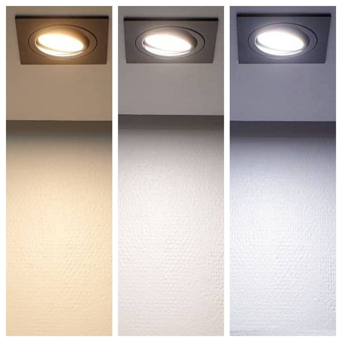 L'immagine mostra tre plafoniere LED a incasso: bianco caldo, bianco neutro e bianco freddo, che illuminano la parete con tonalità diverse.