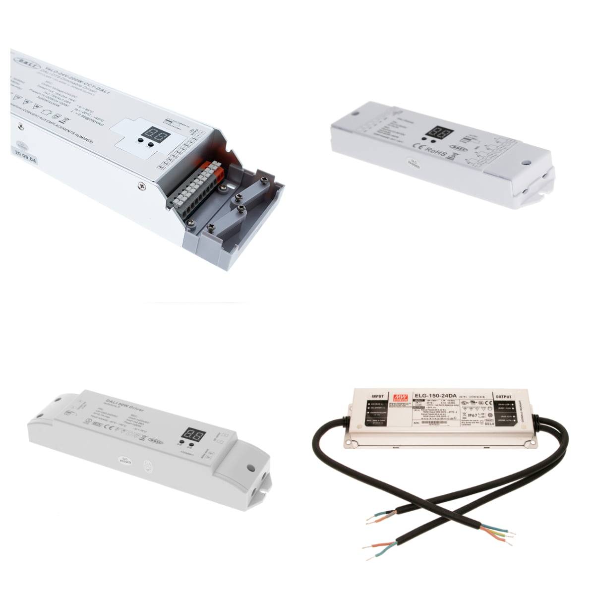 Trasformatori DALI2, adatti a programmare apparecchi monocromatici dimmerabili, spot, strisce e pannelli regolabili in temperatura di colore o strisce LED RGB regolabili in colore in free@home, a seconda del tipo.