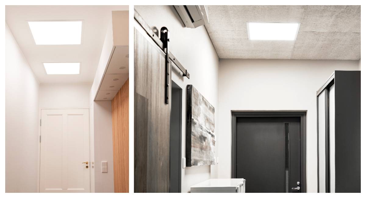 PANEL 600 installato nel soffitto di due corridoi. Entrambi con un'eccellente resa luminosa. 