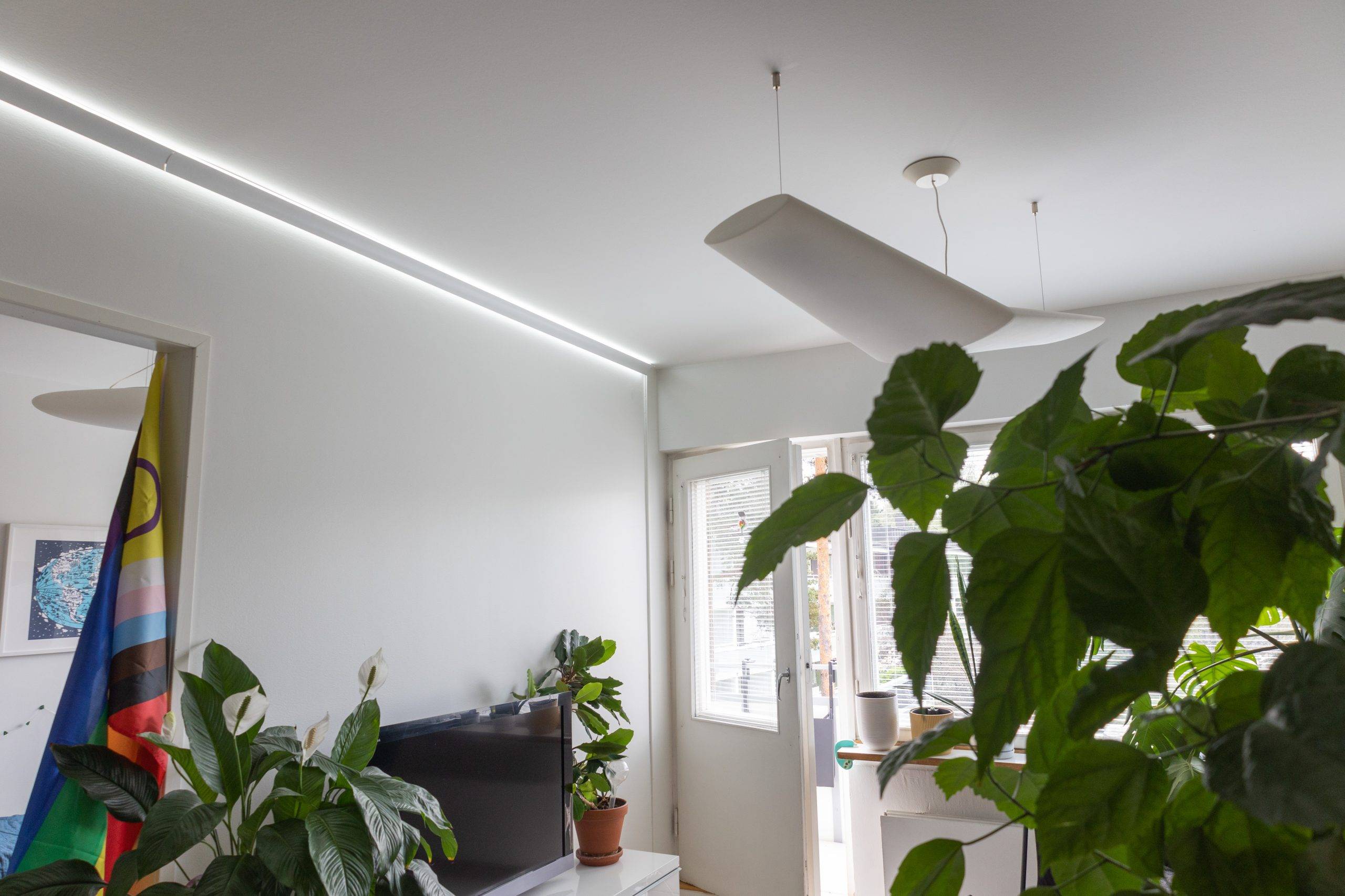 Un soggiorno moderno dal design minimalista è caratterizzato da grandi piante verdi, una TV e una bandiera colorata. Un'elegante plafoniera a LED fa da soffitto insieme a eleganti elementi a LED, mentre la luce naturale entra dalle porte di vetro che danno sull'esterno.