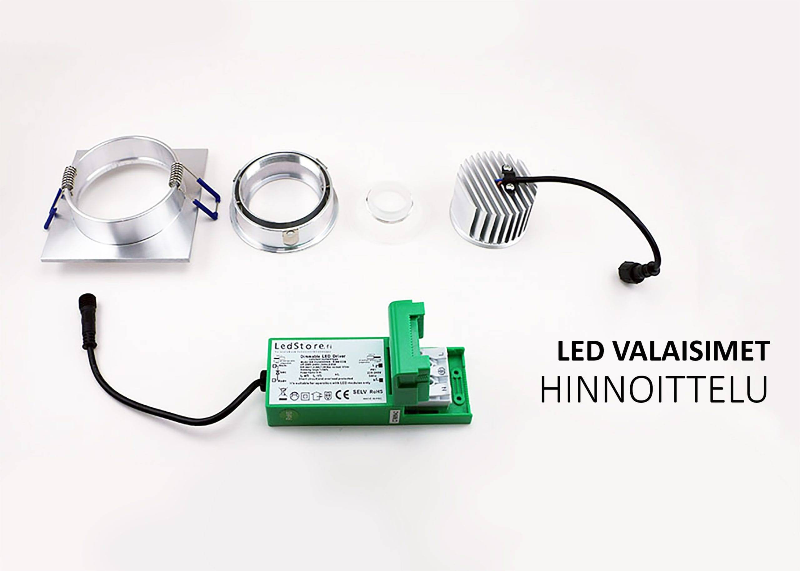 Disposizione dei componenti dell'illuminazione a LED: staffa, lente circolare, dissipatore con filo, alimentatore. Testo: "Prezzi delle luci a LED". Ideale per i progetti LED.