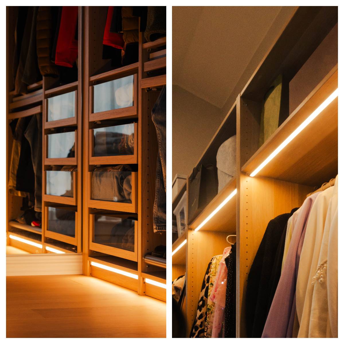 Illuminazione degli armadi guardaroba con strisce LED da sopra gli armadi e dallo zoccolo.