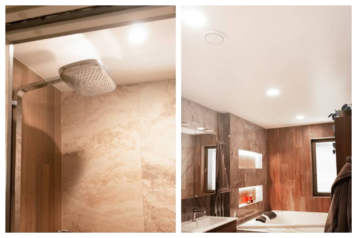 Una vista divisa di un bagno moderno a Kaitamäki, Espoo: a sinistra un'elegante zona doccia, a destra una vasca da bagno, un lavandino e uno schema di illuminazione attentamente studiato per creare un'atmosfera accogliente per tutta la famiglia. Le lampade LedStore.fi ad alta efficienza energetica completano il look moderno.