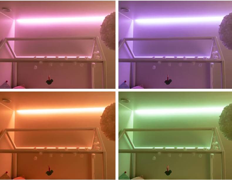 In una casa di famiglia a Kaitamäki, Espoo, la struttura del letto è illuminata con una soluzione di illuminazione composta da strisce LED di LedStore.fi, che produce suggestive sfumature di rosa, viola, arancione e verde.