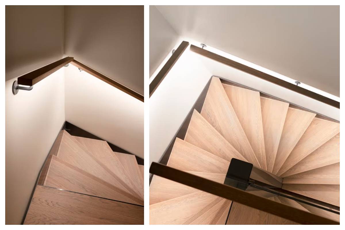 Scale in legno con ringhiere in metallo, viste dall'alto e di lato: un moderno schema di illuminazione di LedStore.fi mette in risalto questo elegante dettaglio nella casa della famiglia Kaitamäki a Espoo.
