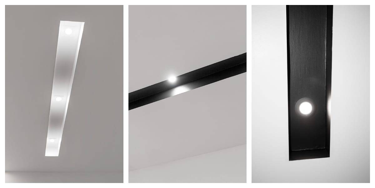 Figura 1: Striscia LED bianca da incasso nel soffitto. Figura 2: Striscia LED nera con due luci circolari. Figura 3: Primo piano della striscia LED nera con una luce circolare.