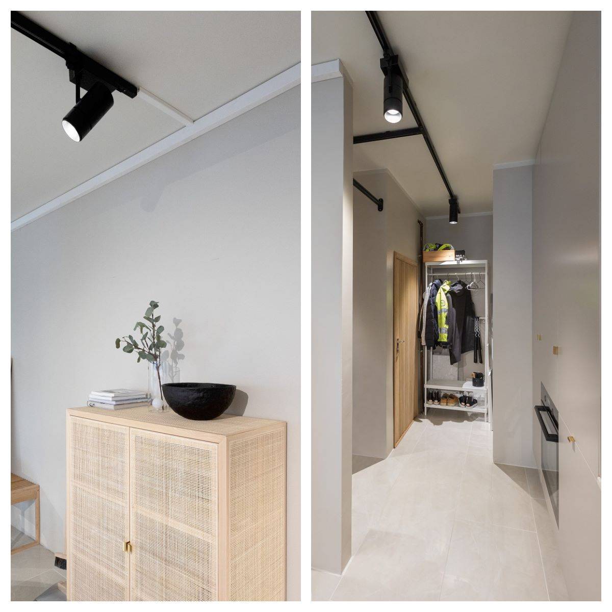 Due inquadrature: a sinistra, superfici luminose e uno scaffale basso chiaro, con un binario trifase nero e un faretto nero FOCUS sul soffitto. A destra, un corridoio con superfici luminose e un appendiabiti con vestiti alla fine del corridoio. Un binario trifase nero con faretti corre lungo il soffitto.