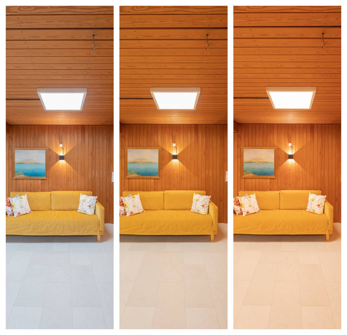 Tre immagini di una stanza accogliente con pareti e soffitto in legno. La stanza è caratterizzata da un divano giallo con cuscini floreali e da un dipinto di un paesaggio. In ogni immagine, l'ambiente è illuminato con luci LED, che mostrano una varietà di effetti di luce.