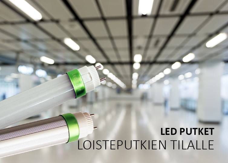Due tubi LED con accenti verdi su una stanza poco chiara e spaziosa con soffitto a traliccio; testo in inglese "LED TUBES FOR LIVE TUBES".