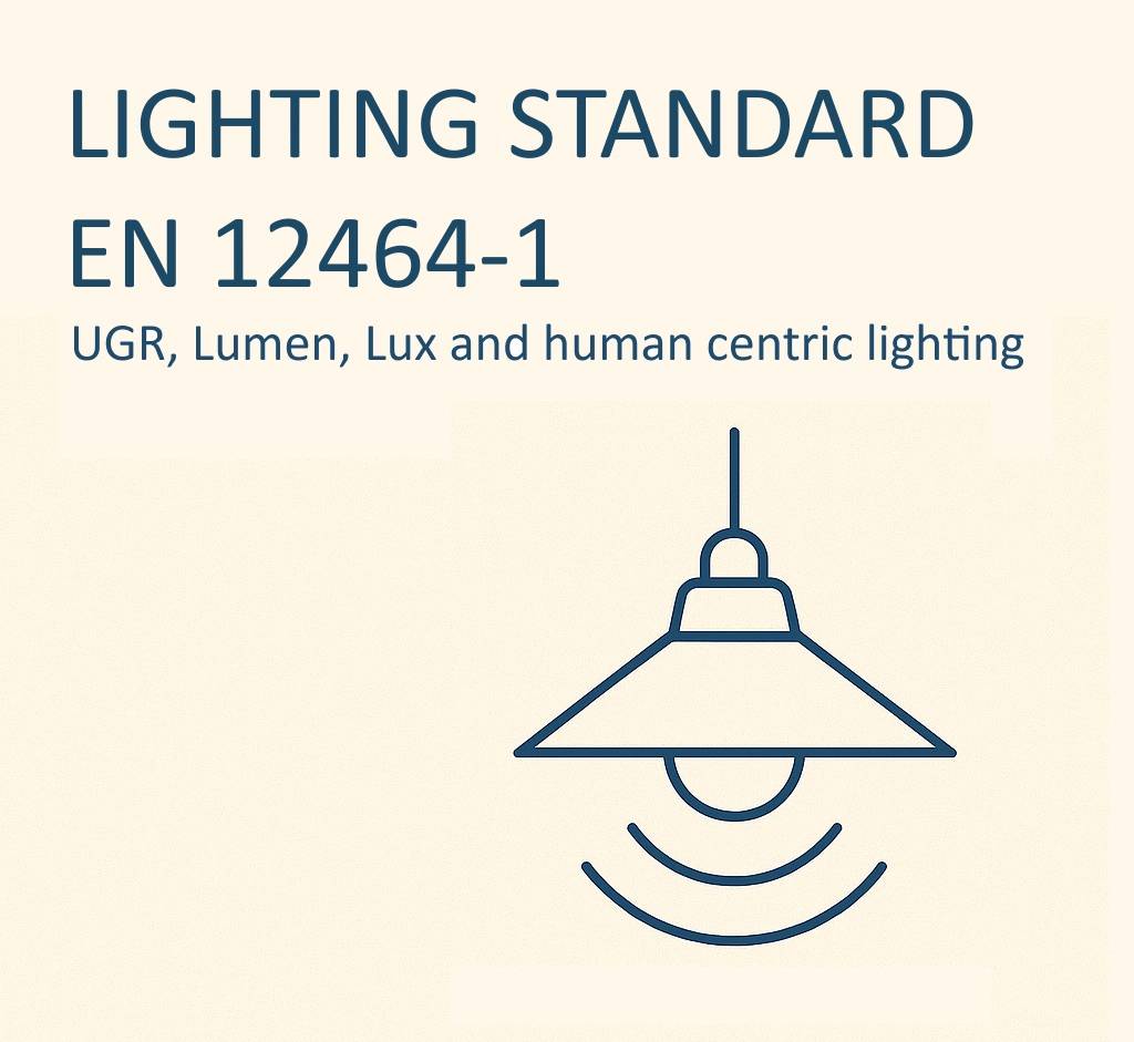 Disegno lineare della plafoniera LedStore.fi con i testi EN 12464-1, illuminazione incentrata sull'uomo, UGR, lumen, lux.