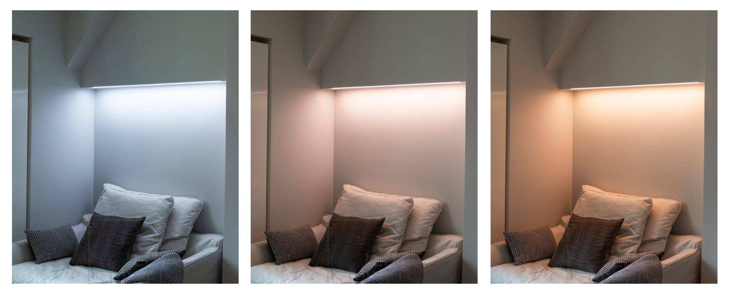 Design dell'illuminazione della camera da letto, illuminazione a strisce LED a temperatura controllata selezionata per l'angolo lettura