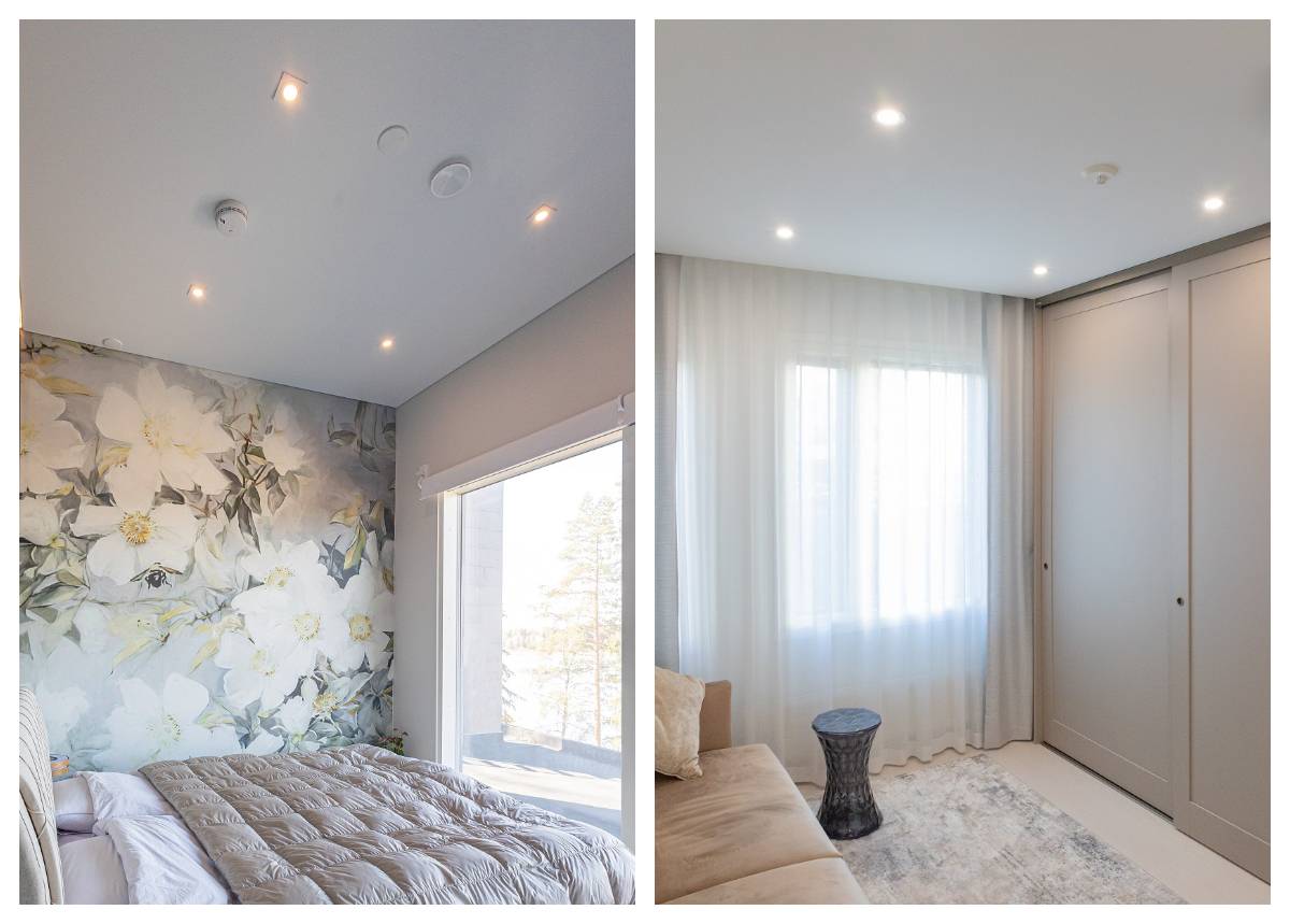 I faretti a led in camera da letto sono una soluzione funzionale: qui sono mostrati quattro faretti a filo simmetrici sul soffitto con controllo della temperatura del colore e oscuramento.