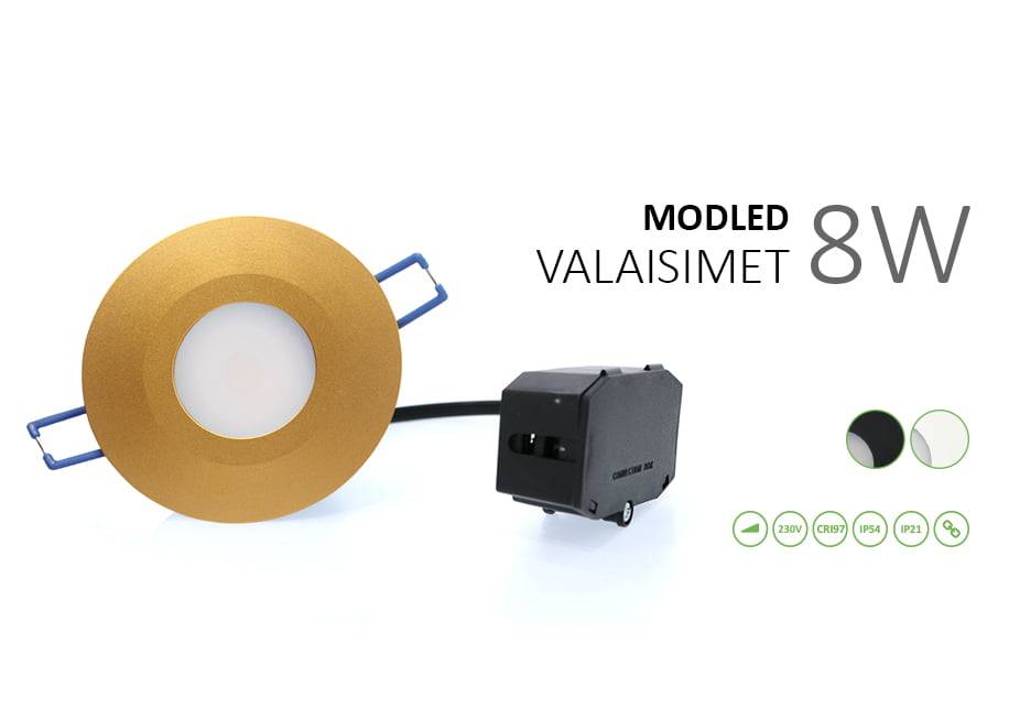 Luce LED rotonda color oro "MODELED LIGHTS 8W" con alimentatore nero, 230V, CRI95, IP44/IP21 per stile e funzionalità.