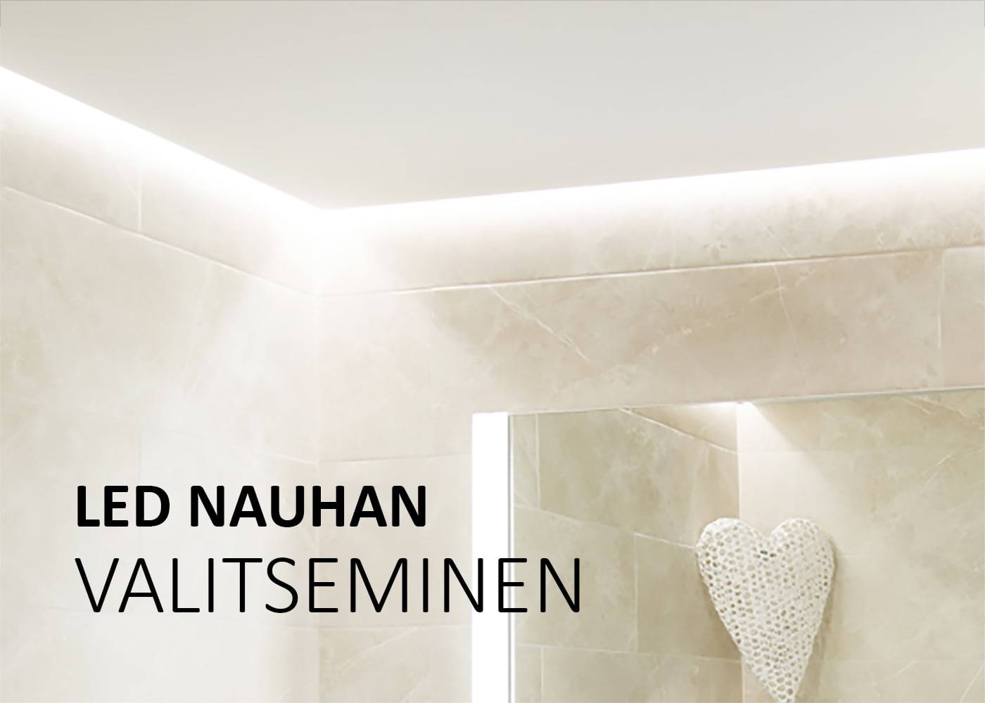 Un bagno moderno con illuminazione a strisce LED nel soffitto, illuminazione con nucleo in pietra sulla parete e il testo "SCEGLI l'illuminazione a strisce LED" creano un look elegante e raffinato.