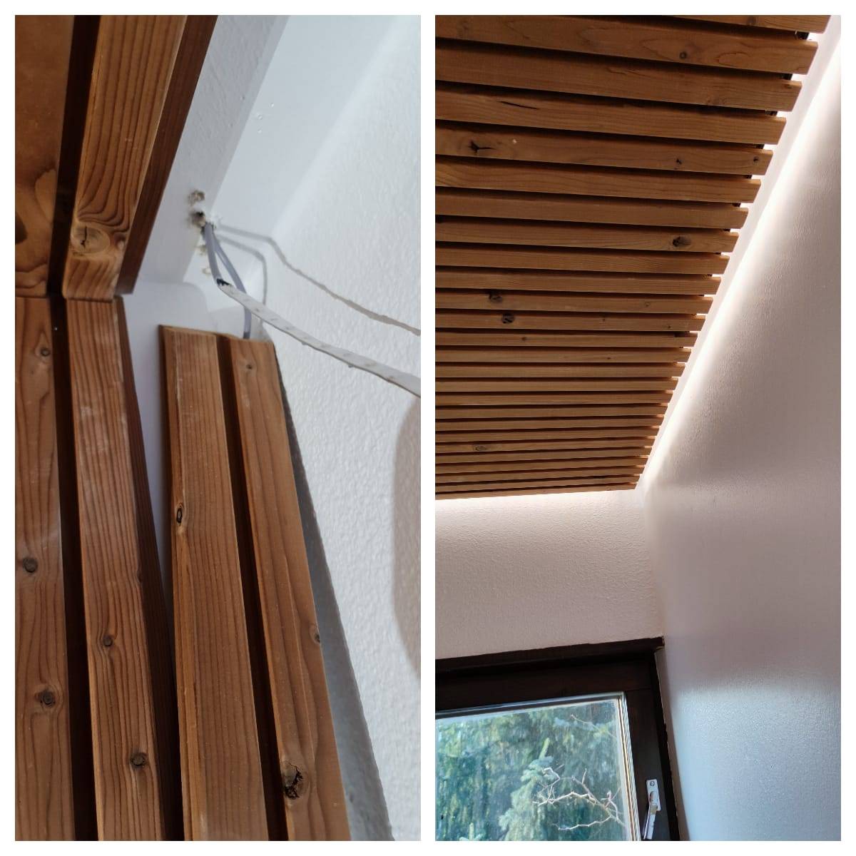 Installazione di pannelli e strisce LED e illuminazione finita sul soffitto con strisce LED fissate a un profilo di alluminio nero.