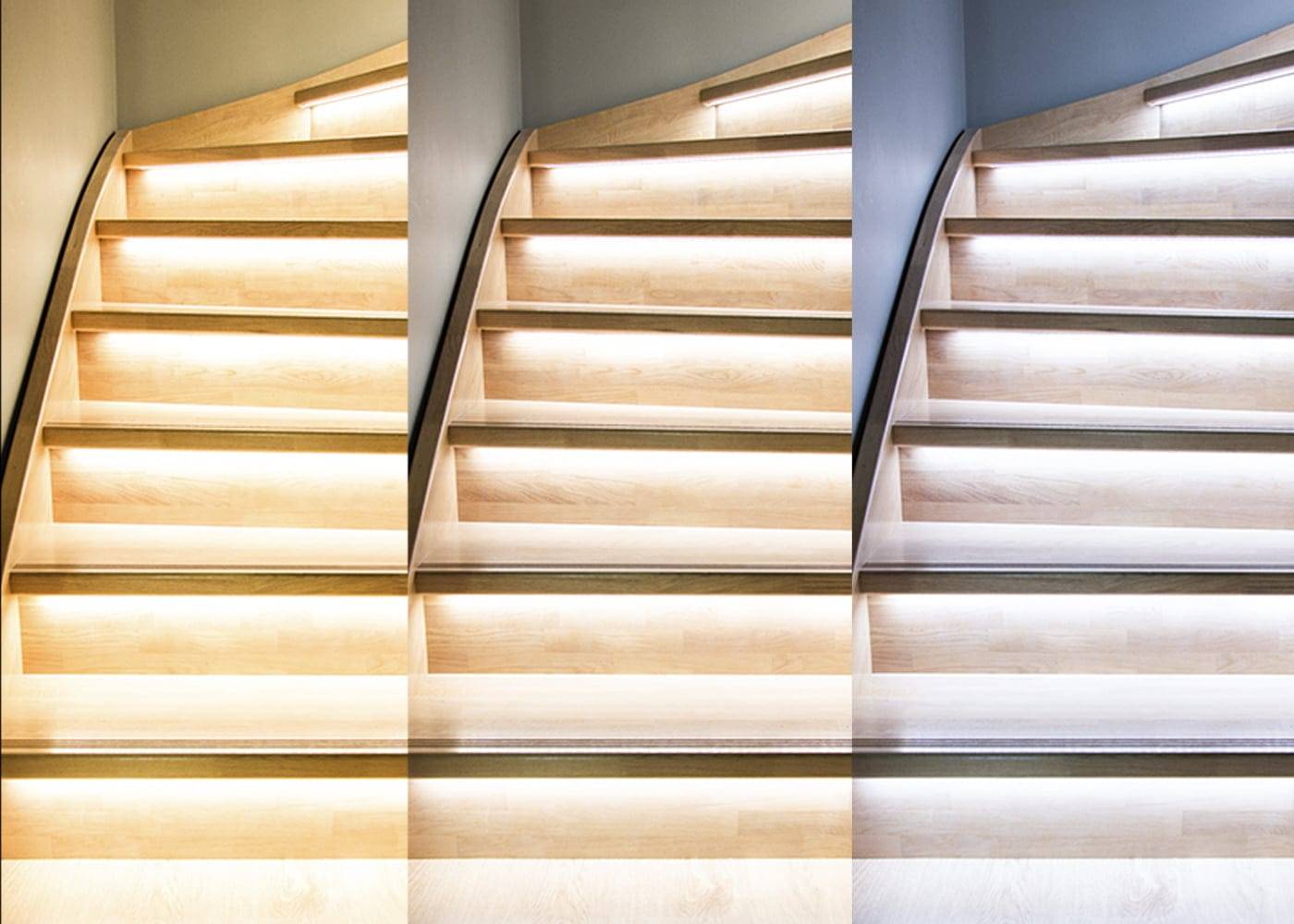 Confronto tra scale in legno con luci LED integrate che evidenziano diverse intensità, da fioche a luminose. Il bagliore caldo esalta il design delle scale.