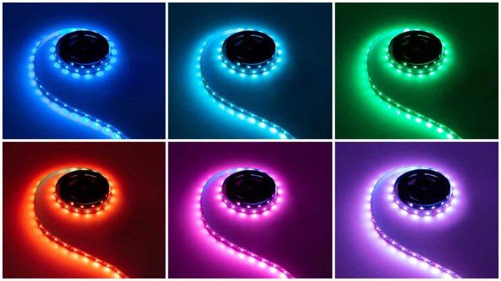 Sei strisce LED: blu, azzurro, verde, rosso, rosa e viola.