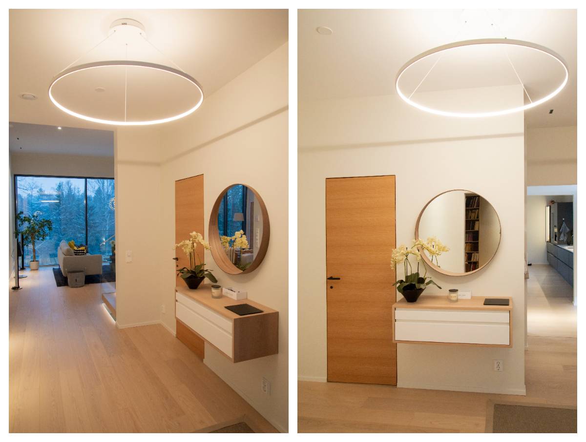 Plafoniera decorativa per il corridoio. Anello bianco con striscia LED sull'anello interno.