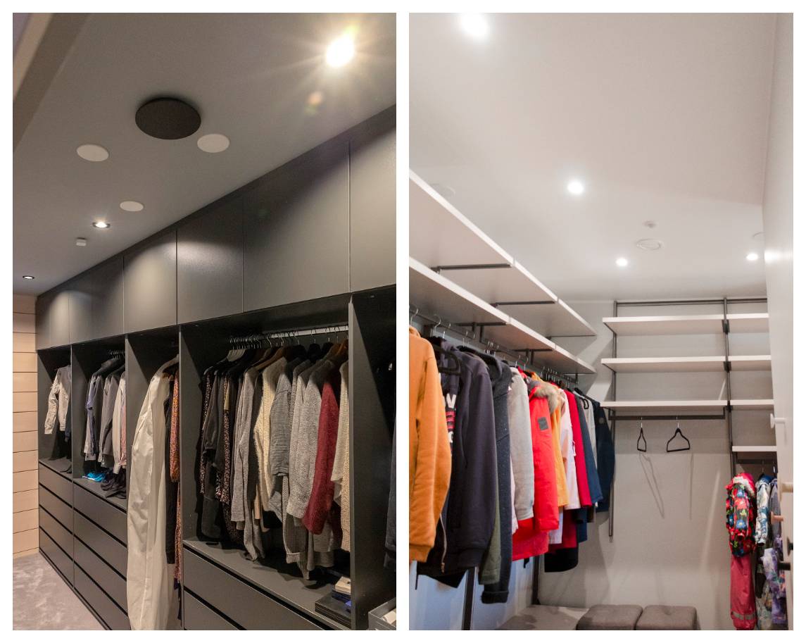 Due moderni armadi affiancati con ripiani integrati, cassetti e spazio per appendere i vestiti. Entrambi sfruttano l'illuminazione del soffitto con faretti LED: una soluzione pratica e stimolante per gli armadi. 