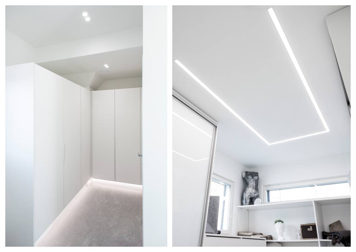 Immagine in due parti: il lato sinistro mostra un corridoio bianco e minimalista con armadietti integrati, luci soffuse ed eleganti luci LED per armadi. A destra, una stanza moderna con luci LED lineari a incasso che mettono in risalto gli scaffali e accentuano gli elementi decorativi.Scopri l'ampia gamma di soluzioni di illuminazione LED per ogni casa su LedStore.fi!