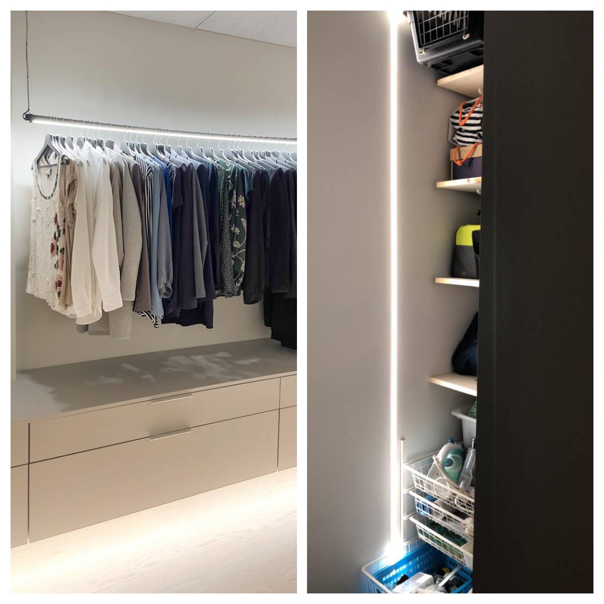 Suggerimenti per l'illuminazione dell'armadio con striscia LED e profilo in alluminio. Un armadio illuminato a figura intera, con striscia LED montata sotto il cassetto per un'illuminazione indiretta. Nella seconda immagine, striscia LED montata verticalmente in un profilo ad incasso all'interno dell'armadio. immagine copyright LedStore.fi   