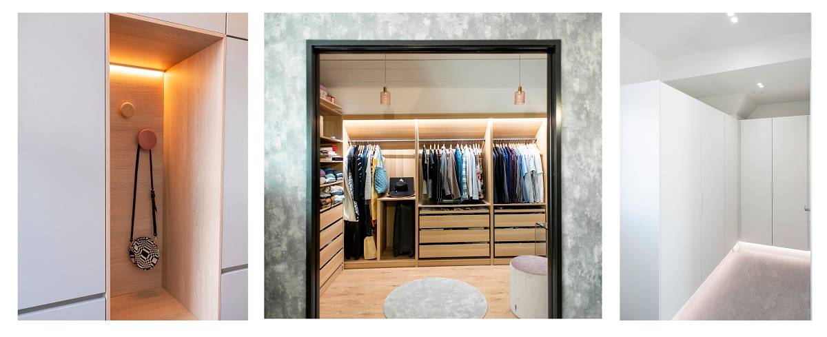 Design dell'illuminazione della camera da letto, luce su diversi livelli grazie a strisce led e faretti led