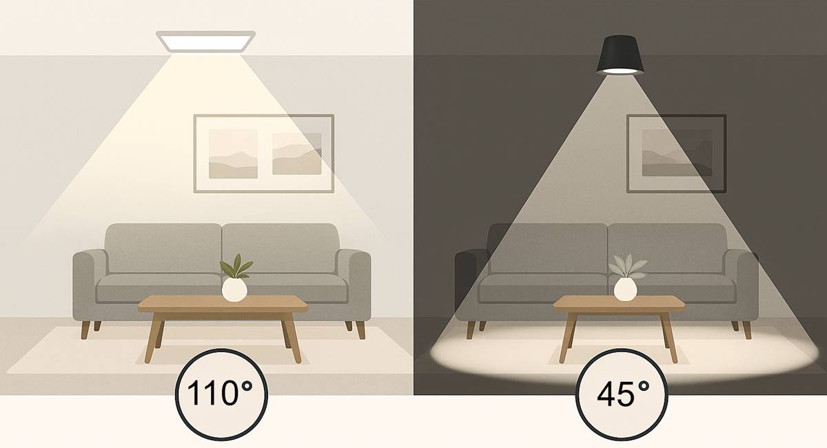 L'illuminazione LED ad ampio raggio (110°) illumina l'intera stanza, mentre quella più stretta (45°) mette in risalto aree come il tavolo da pranzo e il divano. Angoli di illuminazione diversi influenzano l'atmosfera e la funzionalità della stanza: LedStore.fi ha un'ampia gamma di soluzioni per soddisfare le tue esigenze. 