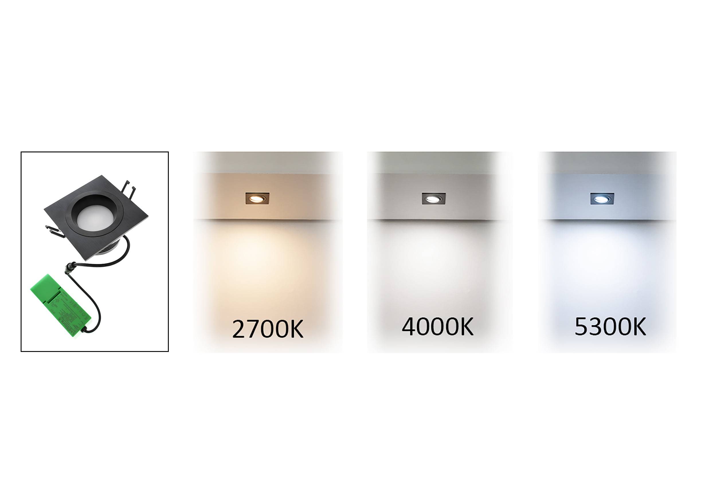Luce LED quadrata nera con temperatura di colore regolabile: bianco caldo 2700K, bianco neutro 4000K, bianco freddo 5300K. Un'illuminazione versatile per qualsiasi stato d'animo.