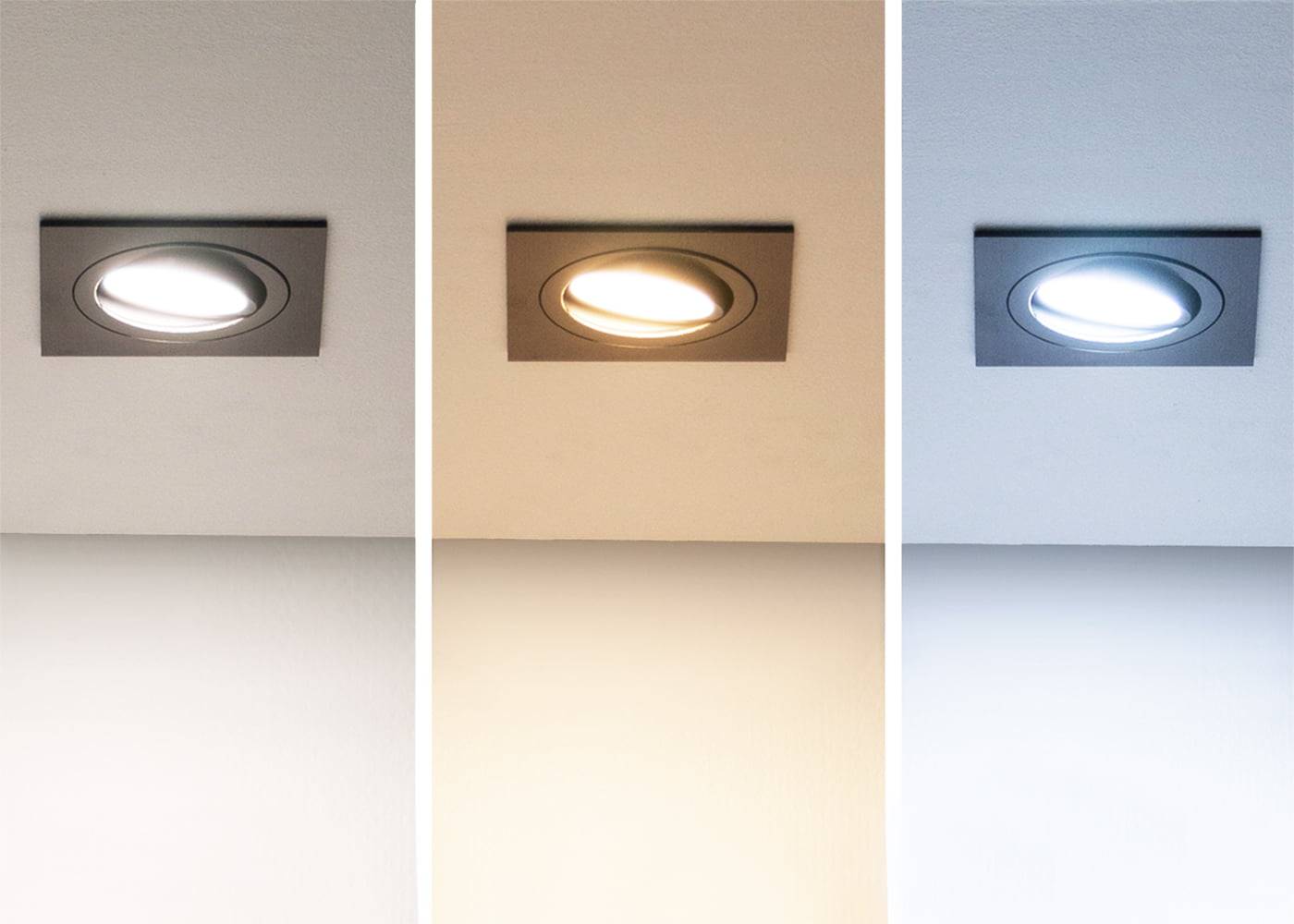 Tre plafoniere LED in fila: tonalità bianco caldo, bianco neutro e bianco freddo illuminano magnificamente un soffitto grigio. Un contrasto di luce perfetto.