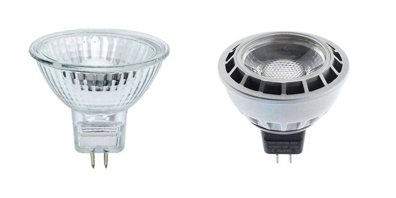 Lampadine GU5.3 o MR16: alogene a sinistra e LED a destra.