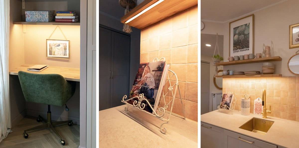 Profilo a 45 gradi con striscia LED incorporata nel ripiano.