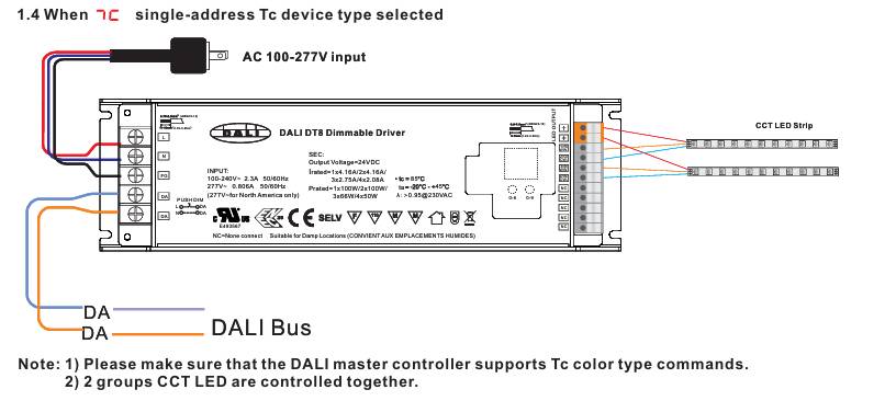 Schema di un trasformatore DALI che controlla le strisce LED CCT e che è collegato a un bus DALI per il controllo unidirezionale del Tc.