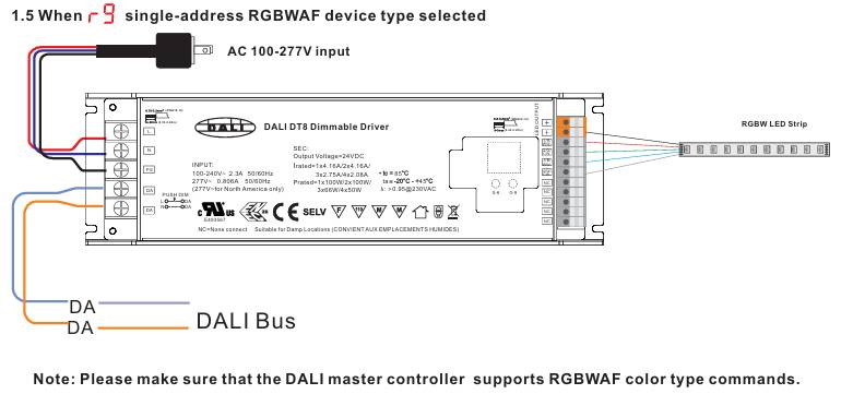 Schema dell'interfaccia del dimmer DALI DT8 per la striscia LED RGBWAF, compresi i collegamenti del trasformatore DALI e l'alimentazione.